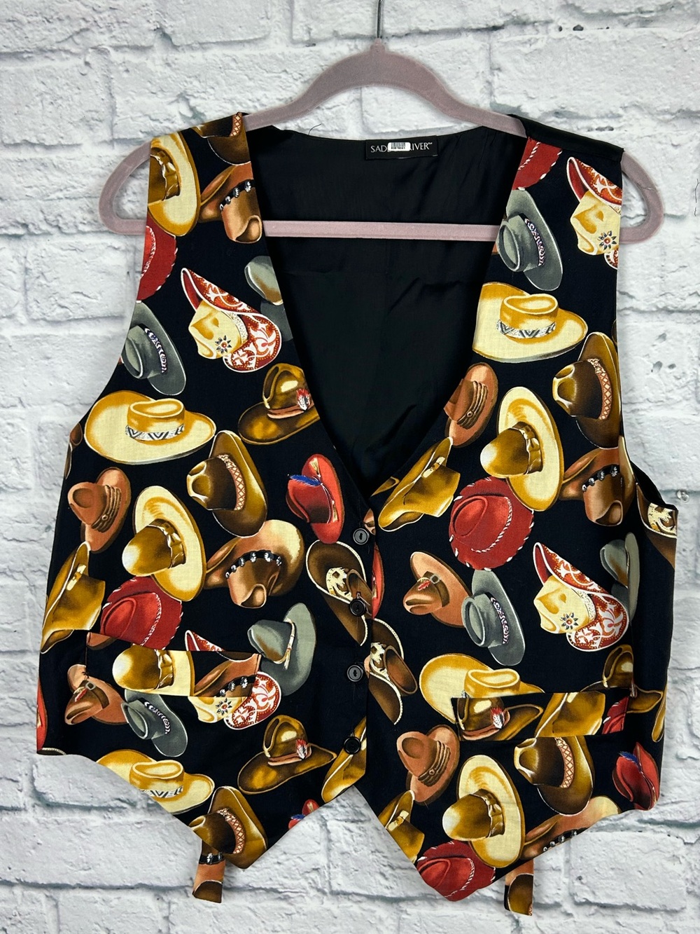 Saddle River Cowboy Hat Print Vest Western Novelty Black Mens L